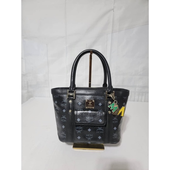 Authentic MCM Small Visetos Coated Canvas and Leather Pocket Tote Black - Picture 3 of 13